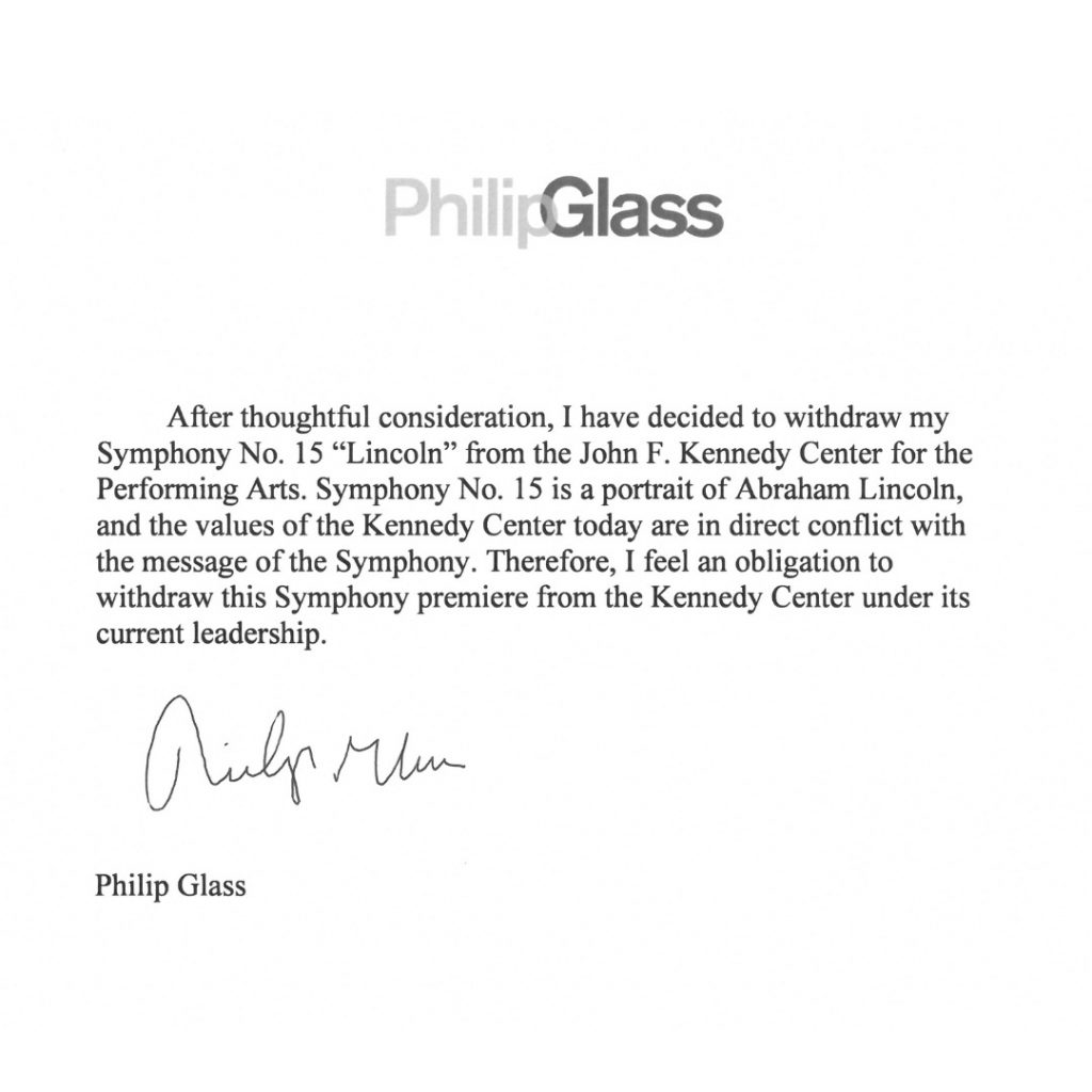 Philip Glass statement about withdrawal of Symphony from Kennedy Center
